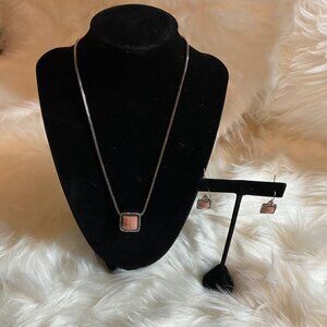 Fashion Silver Tone Faceted Pink Square Necklace Earring Set Acrylic Pendant